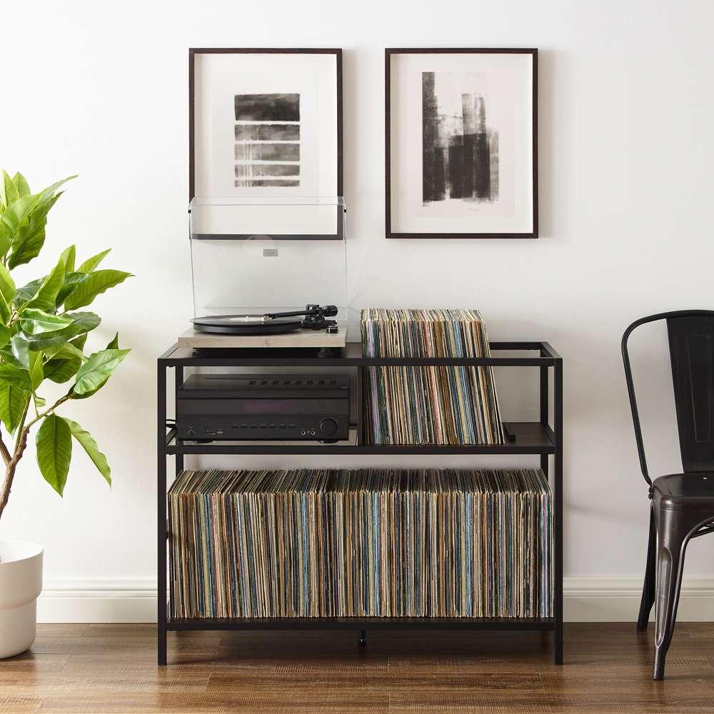 Crosley Furniture Provo Record Storage Console Matte Black/Brown - CF1143MB-BR veiw 2