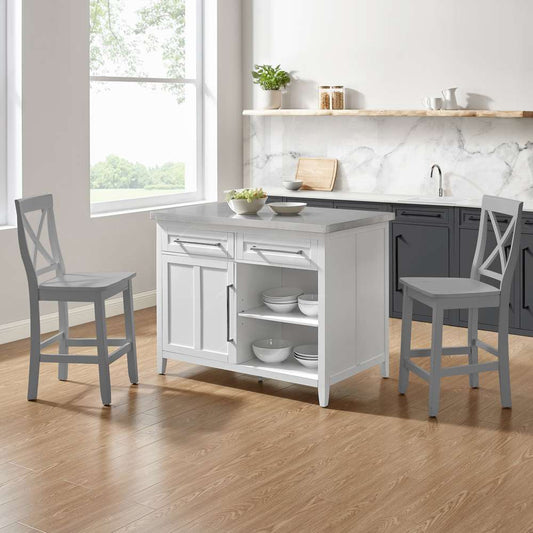 Crosley Furniture Silvia Stainless Steel Top Kitchen Island W/X-Back Stools White/Gray - Kitchen Island & 2 Stools - KF30083WH-GY view 1