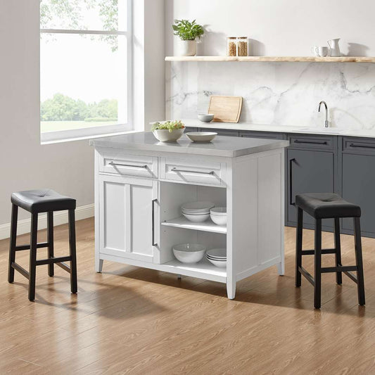 Crosley Furniture Silvia Stainless Steel Top Island W/Uph Saddle Stools White/Black - Kitchen Island & 2 Stools - KF30082WH-BK veiw 1