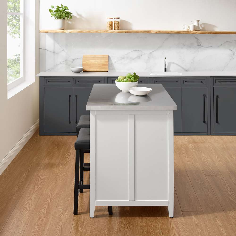 Crosley Furniture Silvia Stainless Steel Top Island W/Uph Saddle Stools White/Black - Kitchen Island & 2 Stools - KF30082WH-BK veiw 3