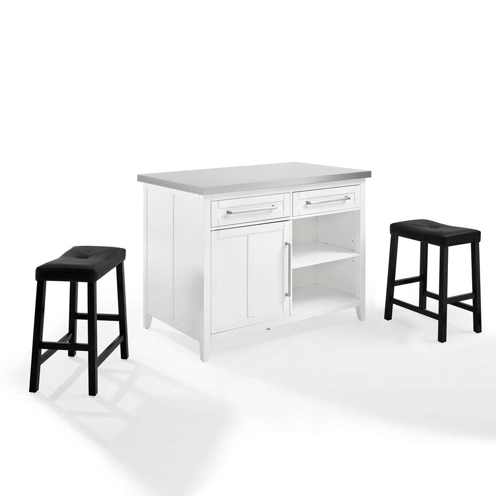 Crosley Furniture Silvia Stainless Steel Top Island W/Uph Saddle Stools White/Black - Kitchen Island & 2 Stools - KF30082WH-BK veiw 9