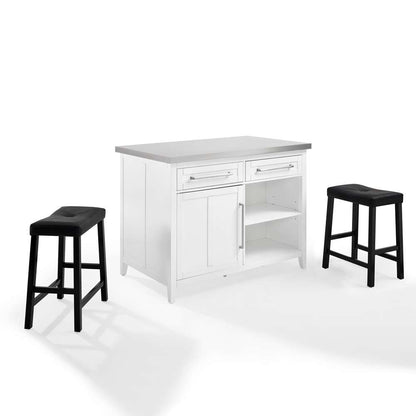 Crosley Furniture Silvia Stainless Steel Top Island W/Uph Saddle Stools White/Black - Kitchen Island & 2 Stools - KF30082WH-BK veiw 9
