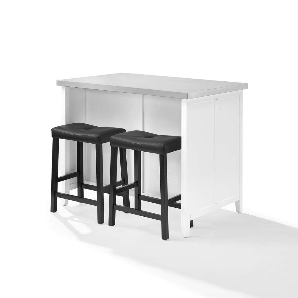 Crosley Furniture Silvia Stainless Steel Top Island W/Uph Saddle Stools White/Black - Kitchen Island & 2 Stools - KF30082WH-BK veiw 10
