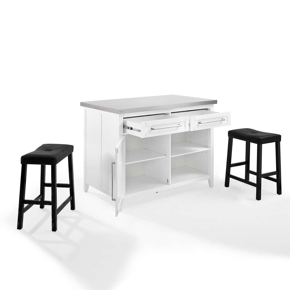 Crosley Furniture Silvia Stainless Steel Top Island W/Uph Saddle Stools White/Black - Kitchen Island & 2 Stools - KF30082WH-BK veiw 11
