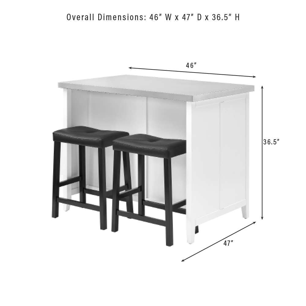 Crosley Furniture Silvia Stainless Steel Top Island W/Uph Saddle Stools White/Black - Kitchen Island & 2 Stools - KF30082WH-BK veiw 13