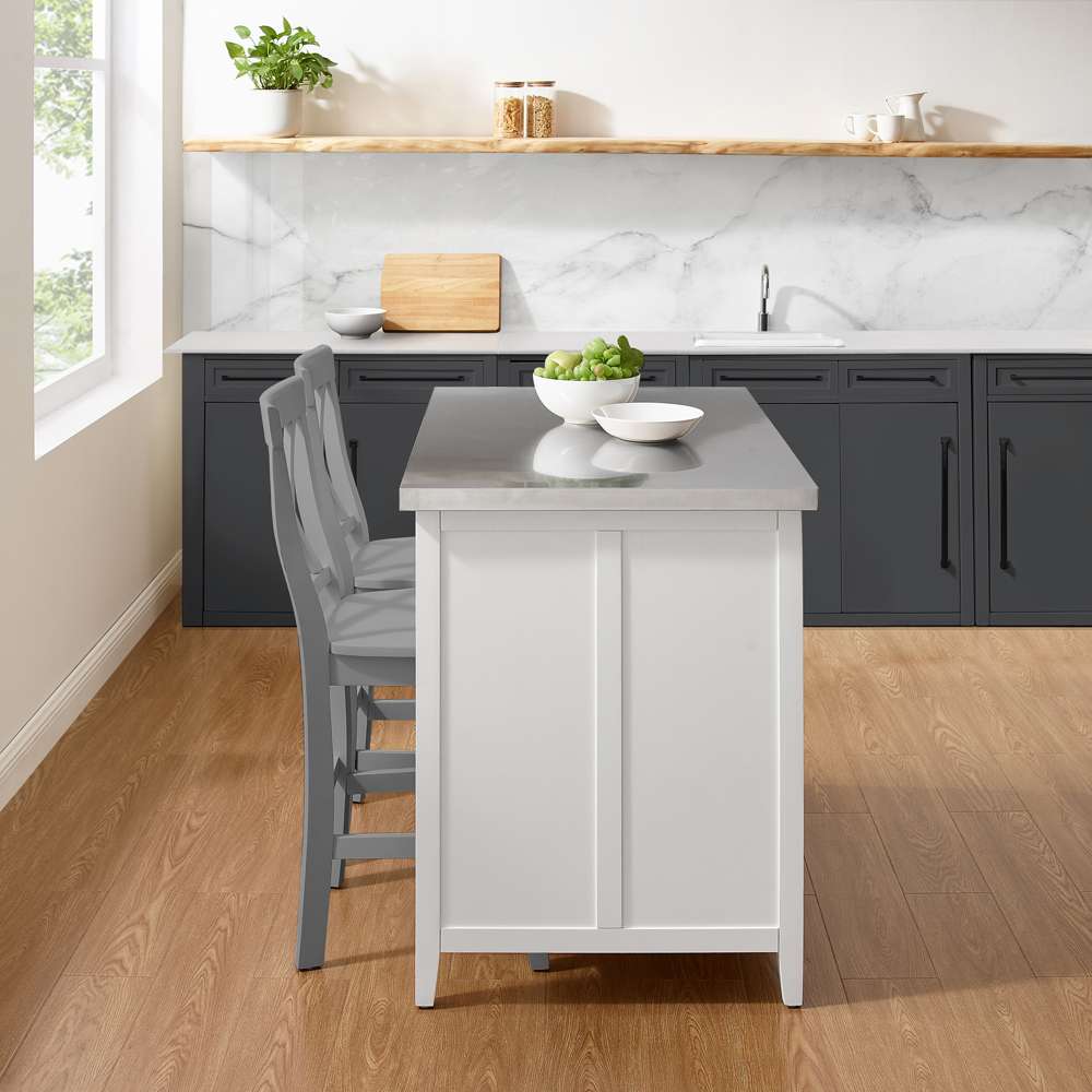 Crosley Furniture Silvia Stainless Steel Top Kitchen Island W/X-Back Stools White/Gray - Kitchen Island & 2 Stools - KF30083WH-GY veiw 3