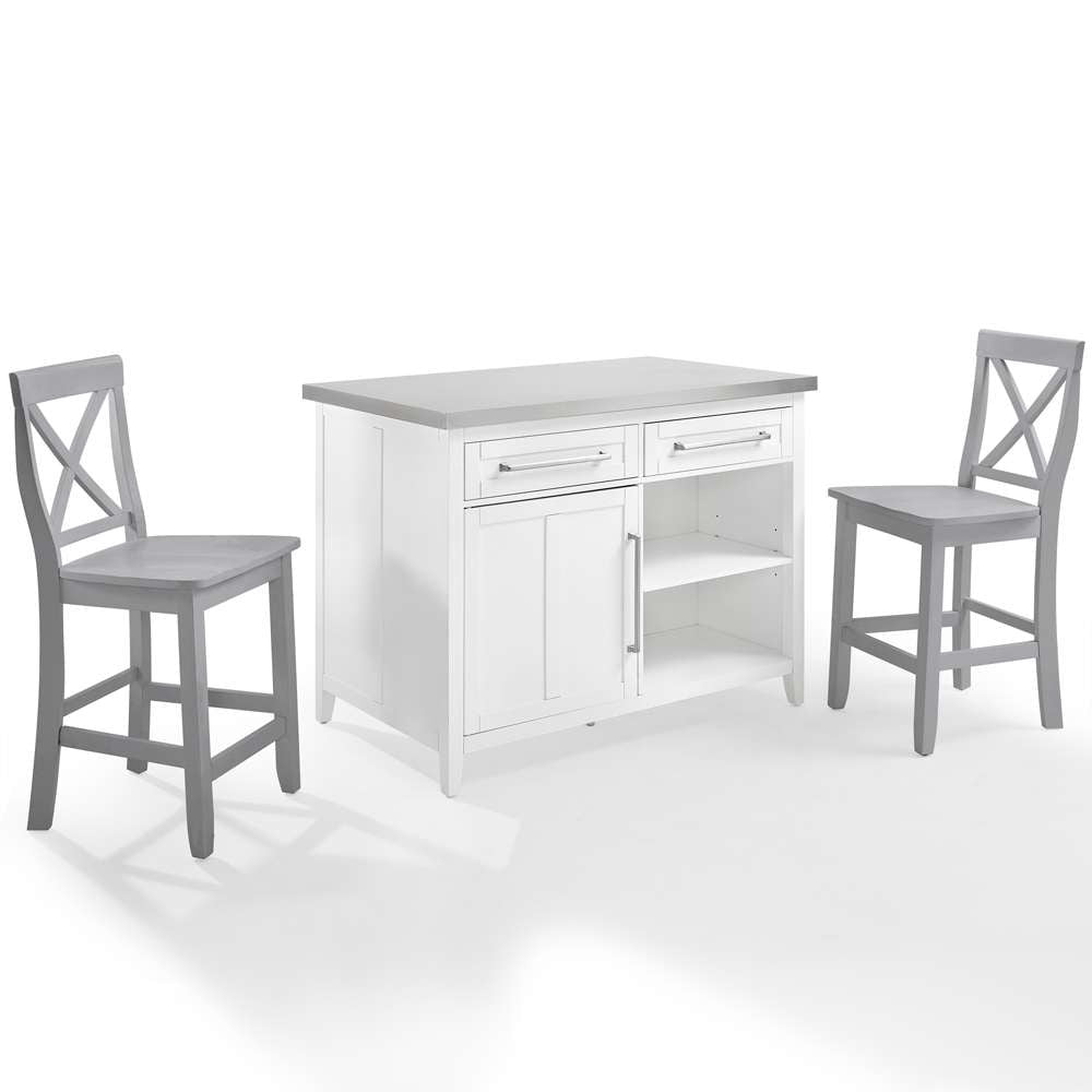 Crosley Furniture Silvia Stainless Steel Top Kitchen Island W/X-Back Stools White/Gray - Kitchen Island & 2 Stools - KF30083WH-GY veiw 9