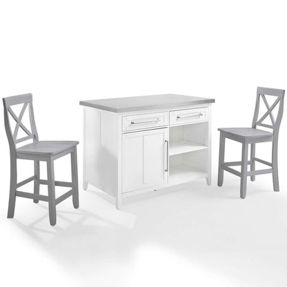 Crosley Furniture Silvia Stainless Steel Top Kitchen Island W/X-Back Stools White/Gray - Kitchen Island & 2 Stools - KF30083WH-GY veiw 9