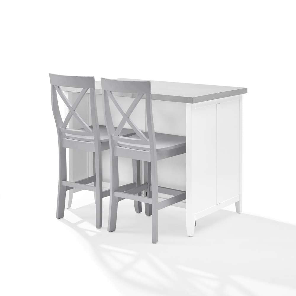 Crosley Furniture Silvia Stainless Steel Top Kitchen Island W/X-Back Stools White/Gray - Kitchen Island & 2 Stools - KF30083WH-GY veiw 10