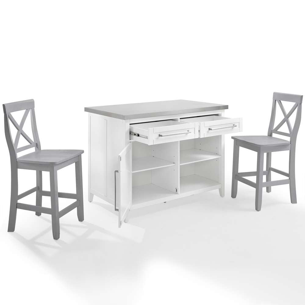 Crosley Furniture Silvia Stainless Steel Top Kitchen Island W/X-Back Stools White/Gray - Kitchen Island & 2 Stools - KF30083WH-GY veiw 11