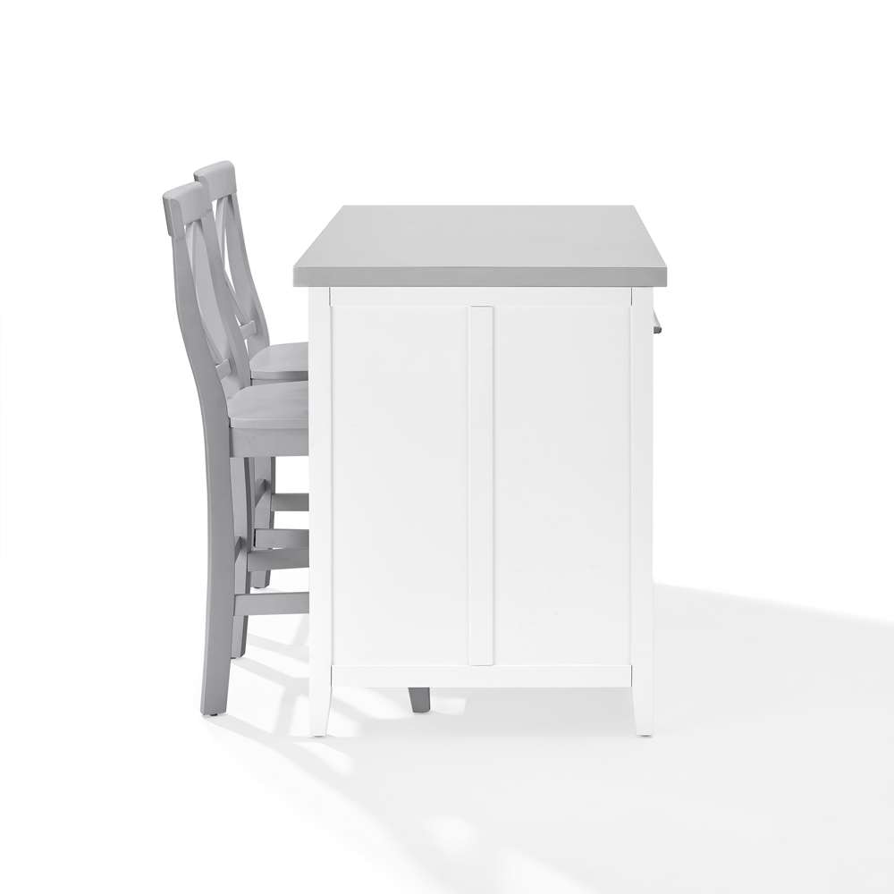 Crosley Furniture Silvia Stainless Steel Top Kitchen Island W/X-Back Stools White/Gray - Kitchen Island & 2 Stools - KF30083WH-GY veiw 12