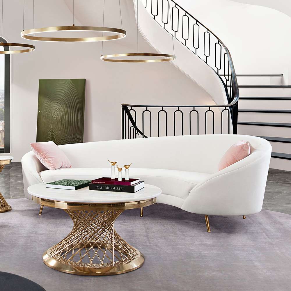 Diamond Sofa - Celine Curved Sofa with Contoured Back in Light Cream Velvet and Gold Metal Legs - CELINESOCM veiw 6