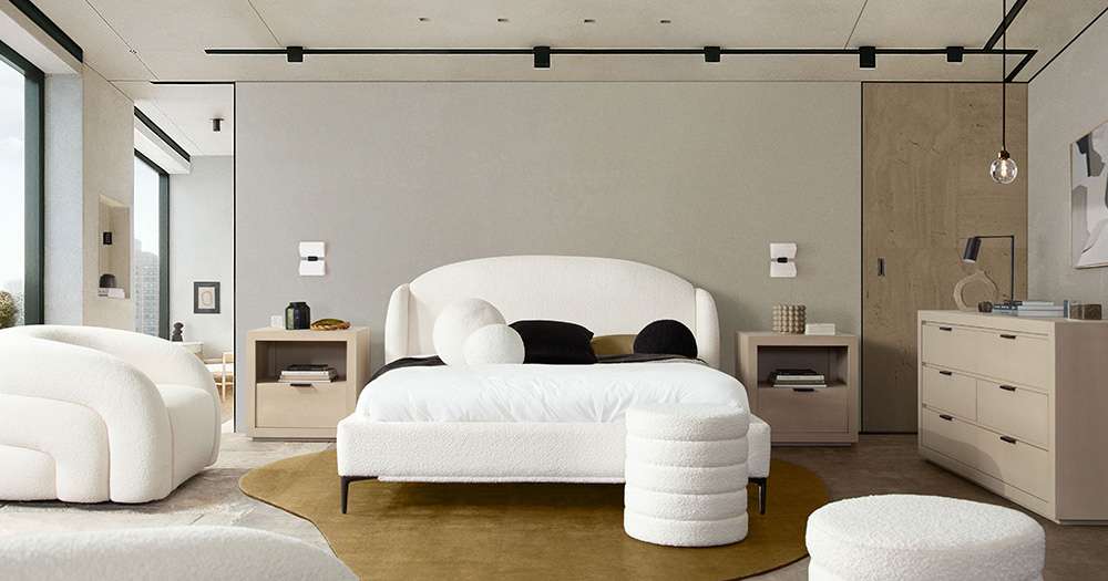Diamond Sofa - Path Low Profile Eastern King Bed in Oslo Ivory Fabric w/ Contoured Headboard and Black Metal Leg - PATHWHEKBED veiw 9