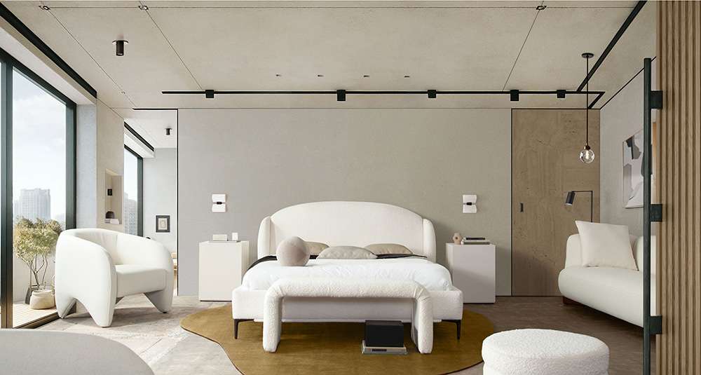 Diamond Sofa - Path Low Profile Queen Bed in Oslo Ivory Fabric w/ Contoured Headboard and Black Metal Leg - PATHWHQUBED veiw 12
