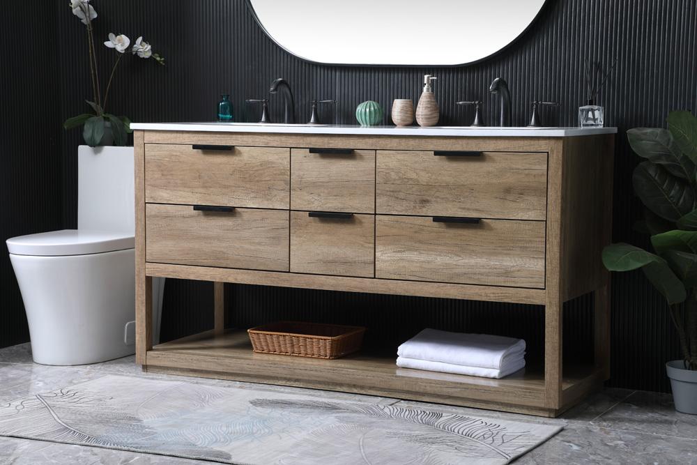 Elegant Furniture & Lighting - Larkin 60 Inch Double Bathroom Vanity In Natural Oak - VF19260DNT veiw 3