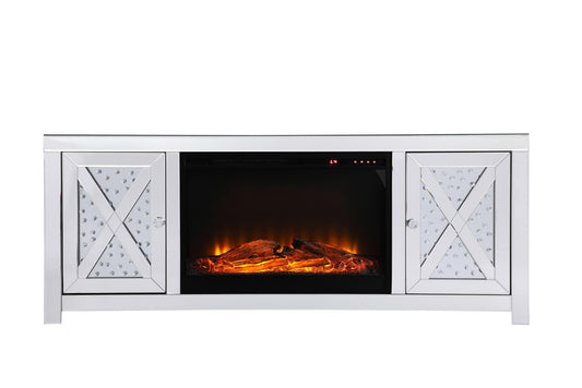 Elegant Furniture & Lighting - Modern 59 in. crystal mirrored TV stand with wood log insert fireplace - MF9904-F1 veiw 1