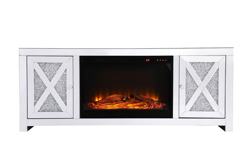 Elegant Furniture & Lighting - Modern 59 in. crystal mirrored TV stand with wood log insert fireplace - MF9903-F1 veiw 1