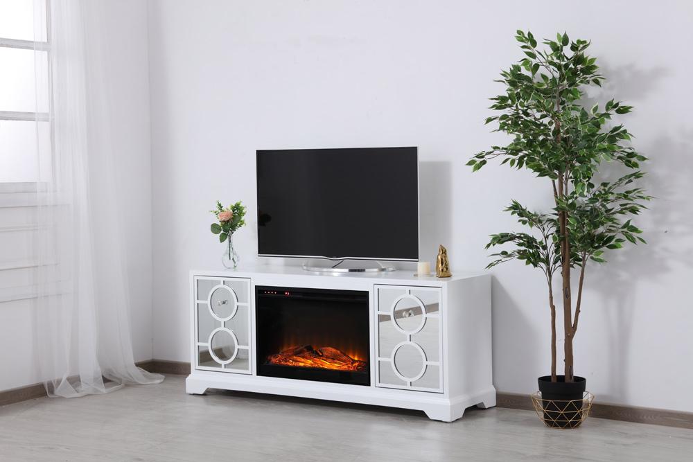 Elegant Furniture & Lighting - Modern 60 in. mirrored TV stand with wood fireplace insert in white - MF801WH-F1 veiw 4