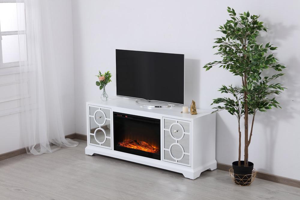 Elegant Furniture & Lighting - Modern 60 in. mirrored TV stand with wood fireplace insert in white - MF801WH-F1 veiw 5