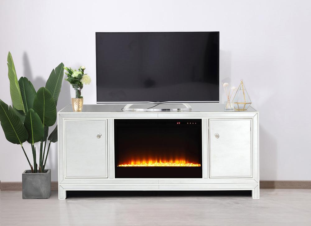 Elegant Furniture & Lighting - Reflexion 60 in. mirrored TV stand with crystal fireplace insert in white - MF701WH-F2 veiw 2