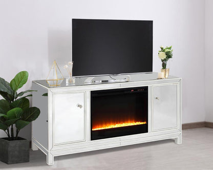 Elegant Furniture & Lighting - Reflexion 60 in. mirrored TV stand with crystal fireplace insert in white - MF701WH-F2 veiw 3