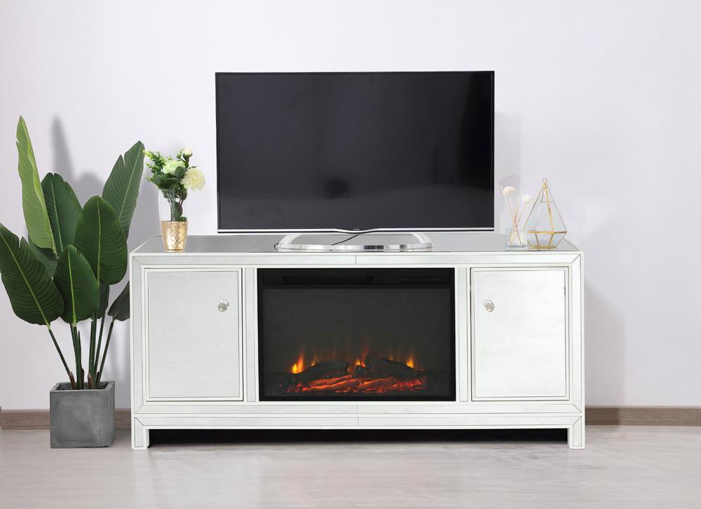Elegant Furniture & Lighting - Reflexion 60 in. mirrored TV stand with wood fireplace insert in white - MF701WH-F1 veiw 2