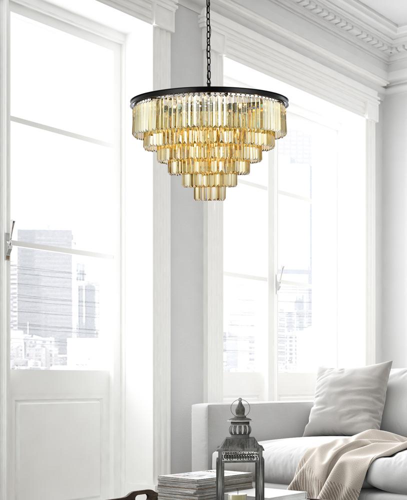 Elegant Furniture & Lighting - Sydney 33 light Matte Black Chandelier Golden Teak (Smoky) Royal Cut Crystal - 1231D44MB-GT/RC veiw 1