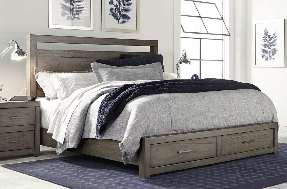 Emery Park - Modern Loft Queen Panel Storage Bed in Greystone Finish veiw 1