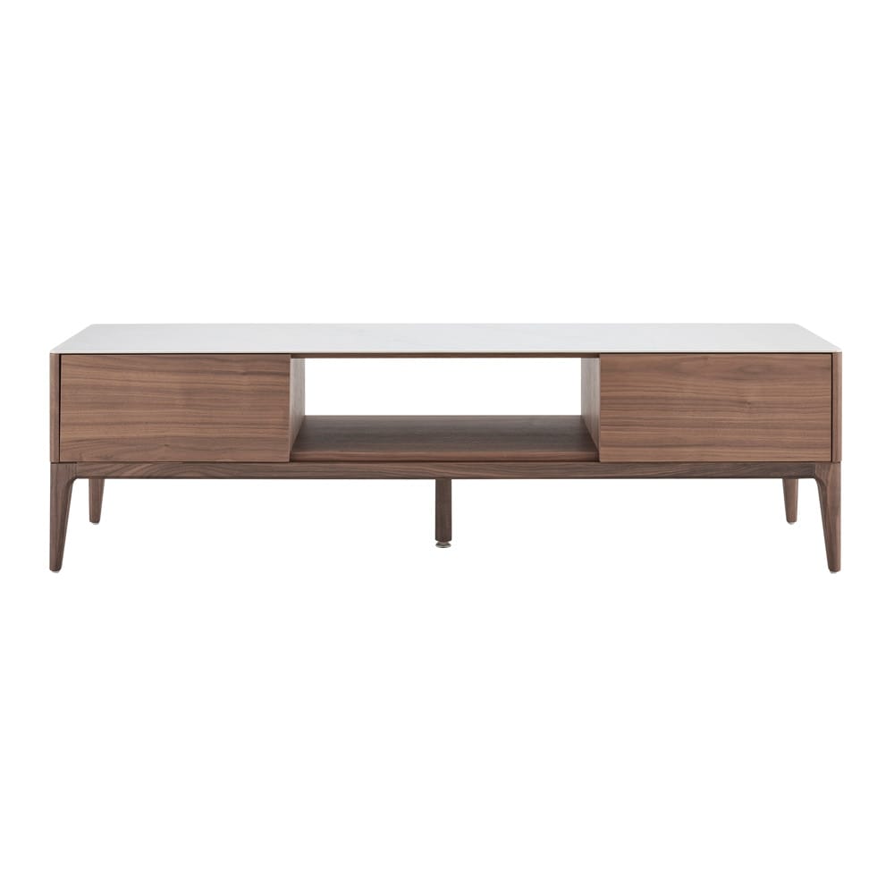 Euro Style - Haldis 71inW 2-Drawer Media Stand, White Ceramic Glass/Walnut - 39044-WHT veiw 1