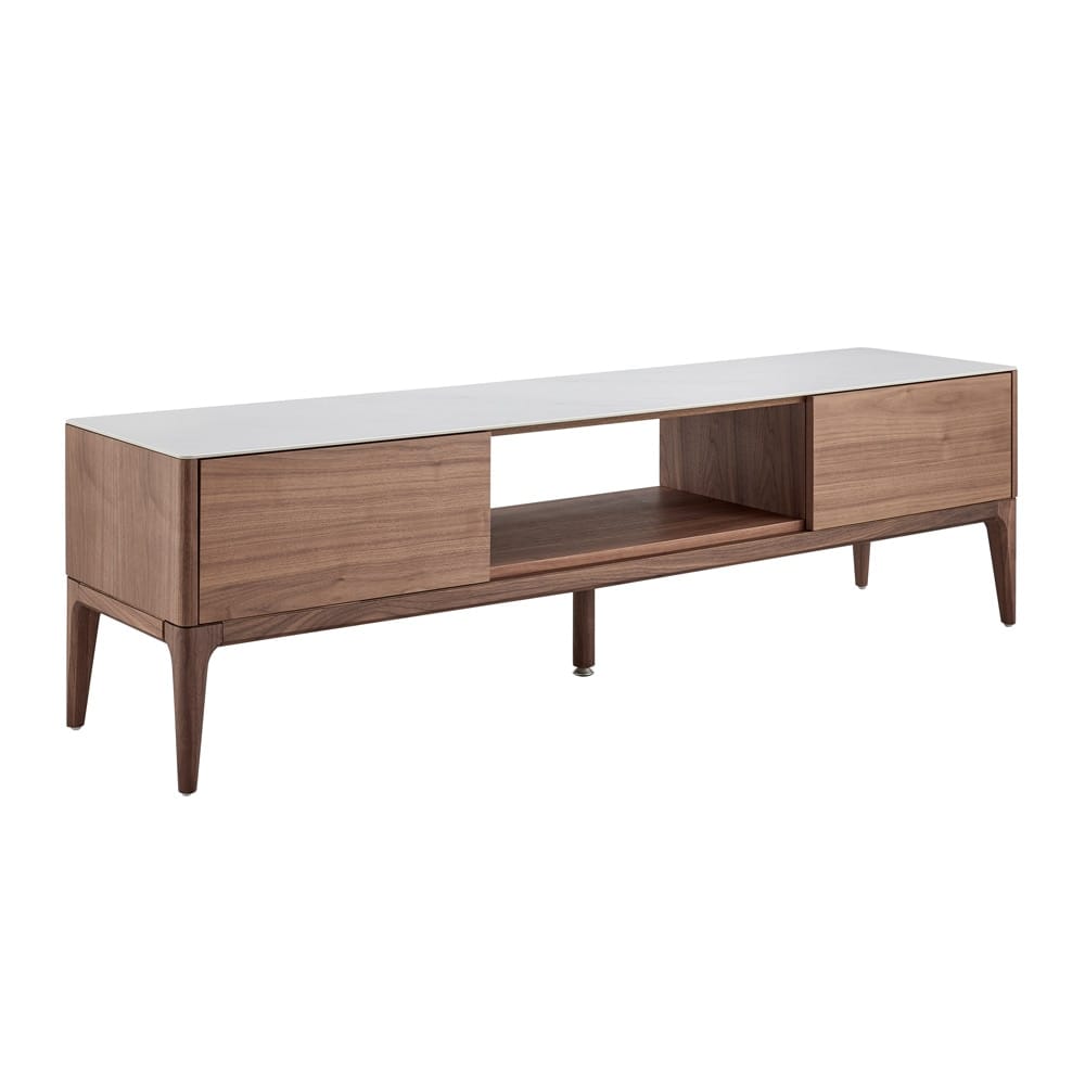 Euro Style - Haldis 71inW 2-Drawer Media Stand, White Ceramic Glass/Walnut - 39044-WHT veiw 2