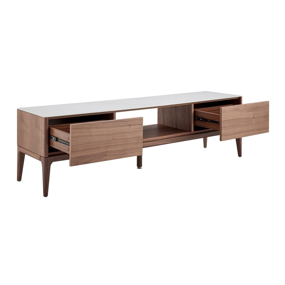 Euro Style - Haldis 71inW 2-Drawer Media Stand, White Ceramic Glass/Walnut - 39044-WHT veiw 3