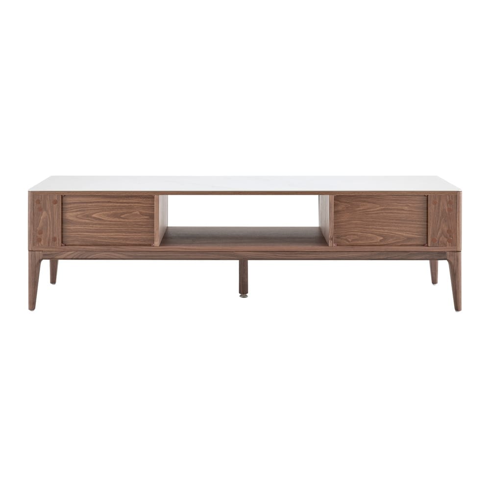 Euro Style - Haldis 71inW 2-Drawer Media Stand, White Ceramic Glass/Walnut - 39044-WHT veiw 5