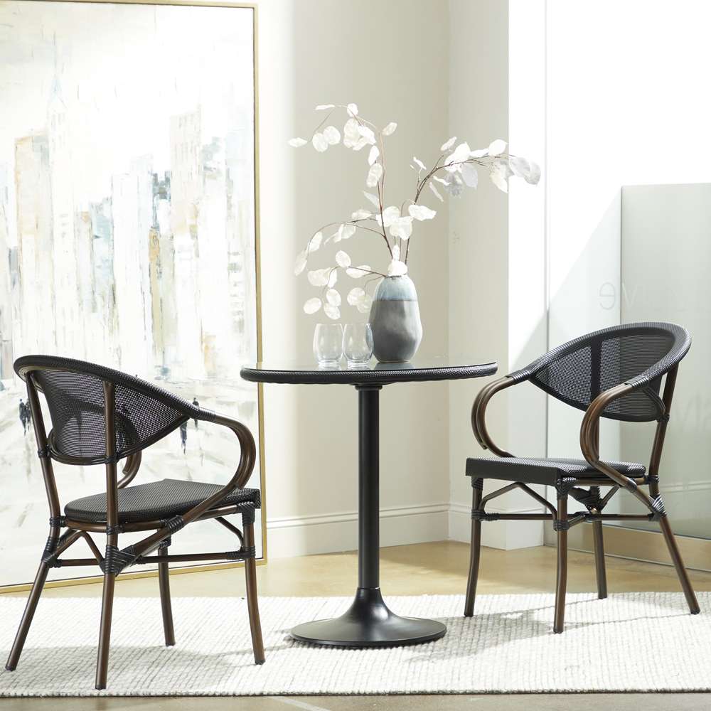 Euro Style - Erlend 30in Bistro Table Tempered Glass Top Over Black Textylene Mesh with Black Column and Base - 90402BLK-KIT veiw 5