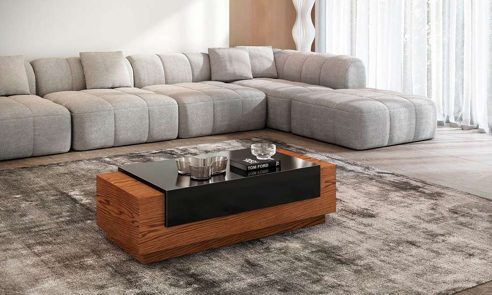 Furnitech - 54in Contemporary Coffee Table In American White Oak With A Warm Honey Finish And High Gloss Black Lacquer Saddle - FT55CFA veiw 2
