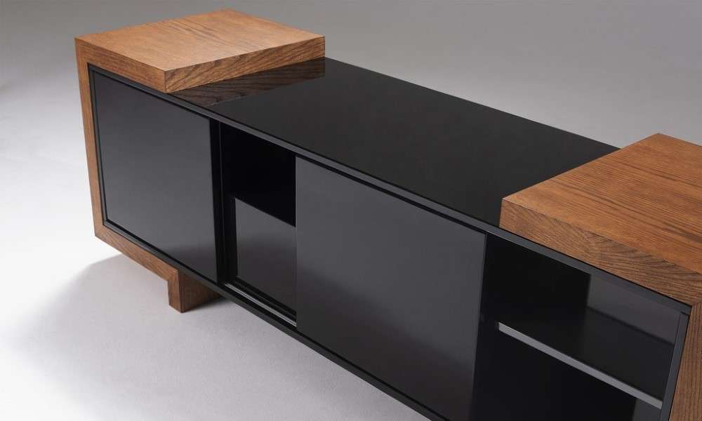 Furnitech - Signature Home 72in TV Stand Media Console for Flat Screen and Audio Video Installations in Black and Oak - FT75FA veiw 4