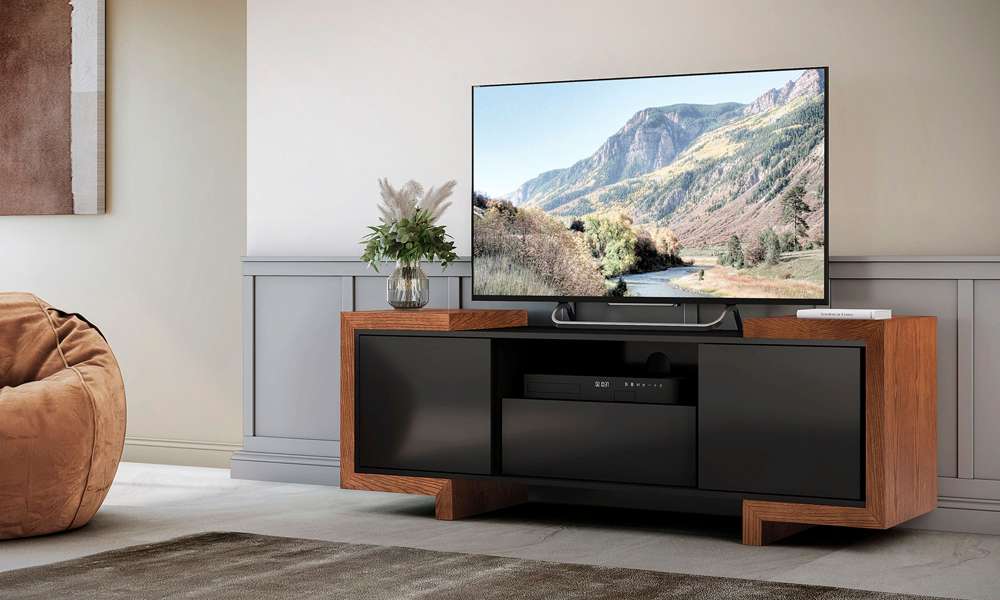 Furnitech - Signature Home 72in TV Stand Media Console for Flat Screen and Audio Video Installations in Black and Oak - FT75FA veiw 6