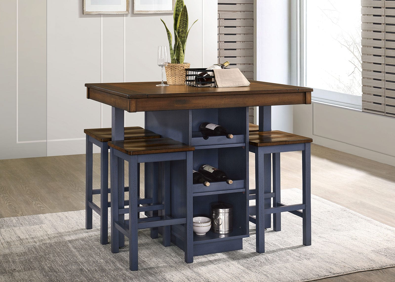 Furniture of America - Azurine 5 Pc. Counter Ht. Table Set in Antique Dark Oak/Muted Blue - CM3493PT-5PK View 2
