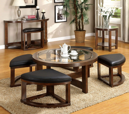 Furniture of America - Crystal Cove Ii Round Coffee Table w/ 4 Stools in Dark Walnut - CM4321C View 2