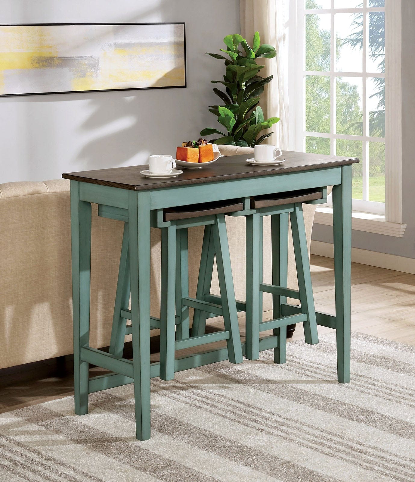 Furniture of America - Elinor 3 Pc. Bar Table Set in Antique Teal/Gray - CM3475GR-PT-3PK View 2