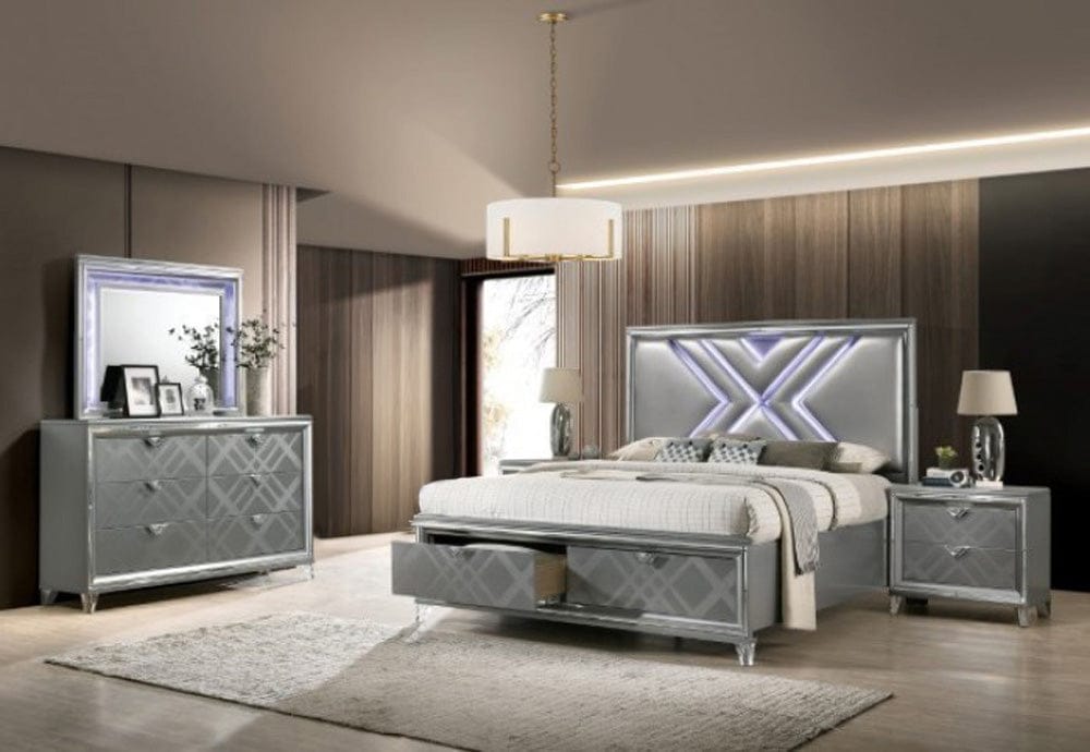 Furniture of America - Emmeline 5 Pc. Queen Bedroom Set w/ 2NS in Silver - FOA7147Q-5PC-2NS