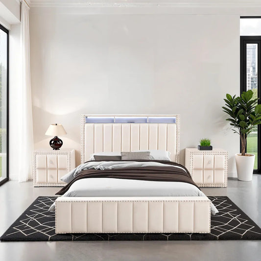 Furniture of America - Farese - Queen Bed W/ 2 Nightstands - Beige - SL7001BG-Q-3PC-2NS view 2