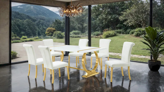 Furniture of America - Holbaek - 4 Pc. Dining Table Set, Gold - 80", GW Chair - FM37008GD-T-5PC-07GW view 2