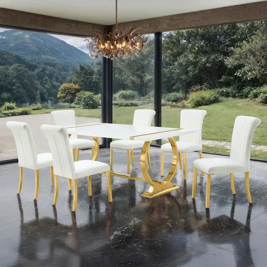 Furniture of America - Holbaek - 6 Pc. Dining Table Set, Gold - 80", GW Chair - FM37008GD-T-7PC-07GW view 1