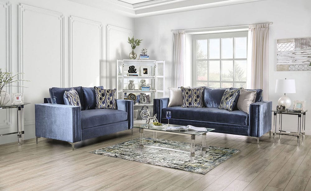 Furniture of America - Jodie Sofa + Loveseat in Satin Blue/Silver - SM2687-2PC View 1