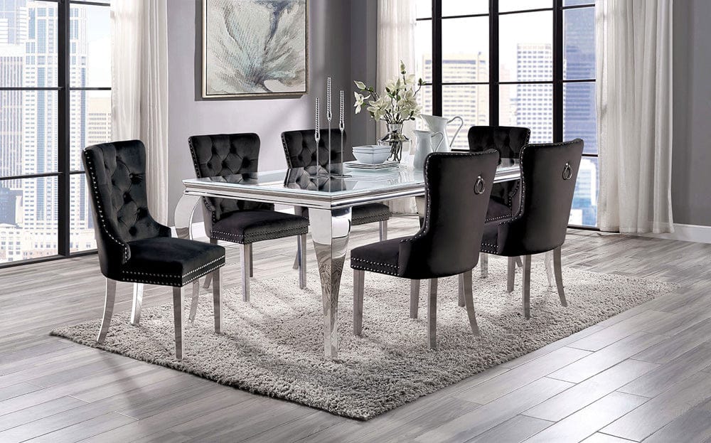 Furniture of America - Neuveville 7 Pc. Dining Table Set, Black Chairs in White/Chrome - CM3903WH-T-7PC-261BK View 1