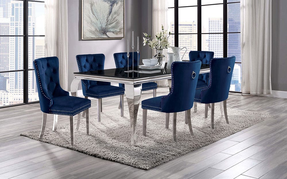 Furniture of America - Neuveville 7 Pc. Dining Table Set, Navy Chairs in Black/Chrome - CM3903BK-T-7PC-261NV View 1