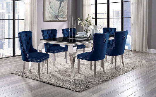 Furniture of America - Neuveville 7 Pc. Dining Table Set, Navy Chairs in Black/Chrome - CM3903BK-T-7PC-261NV View 1