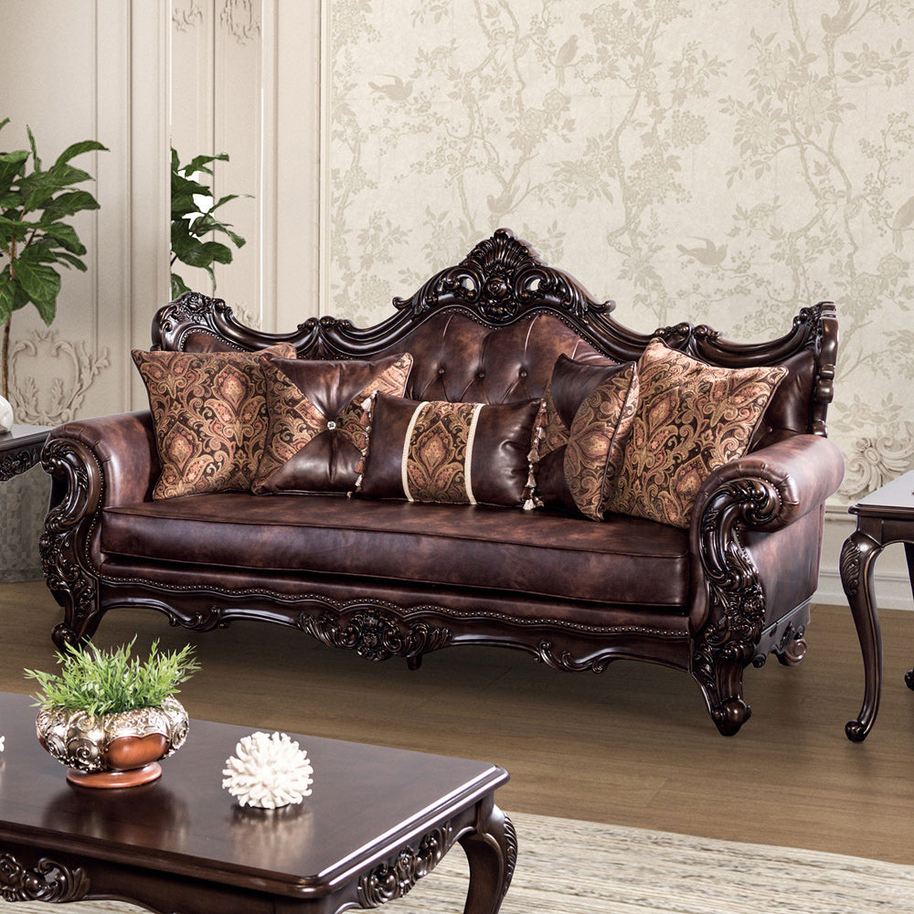 Furniture of America - Palencia Sofa + Loveseat in Dark Cherry/Brown - FM65005BR-2PC View 2