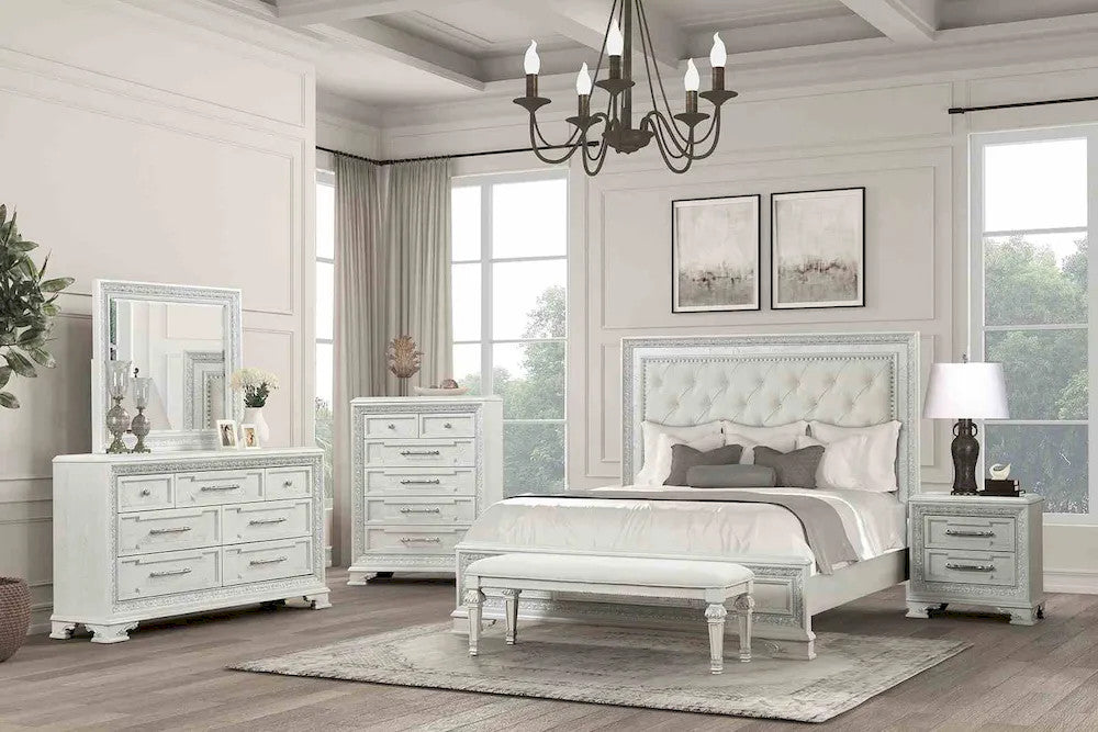 Furniture of America - Stella Mia - 4 Pc. Queen Uph Bedroom Set w/ Chest - FM70000WH-Q-F-5PC-C view 1