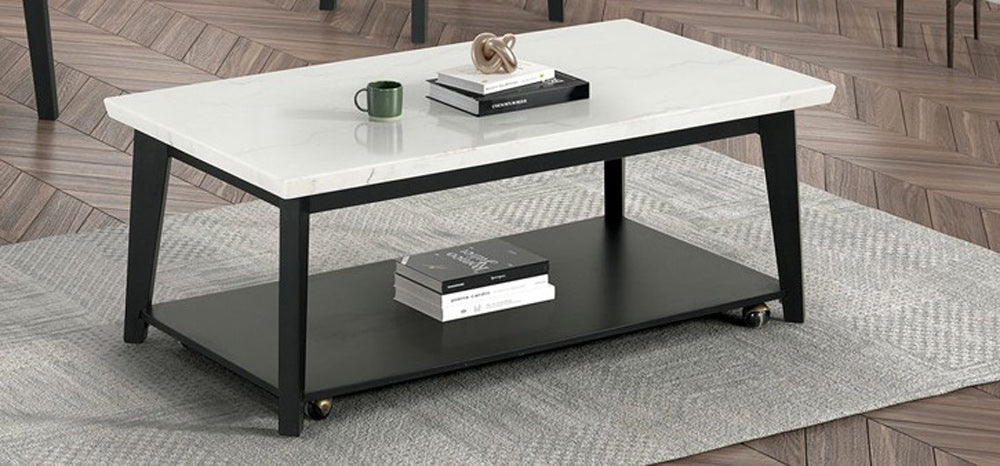 Furniture of America - Thisted Rect Marble Coffee Table w/ Casters in White/Black - FM44002WH-CR View 1